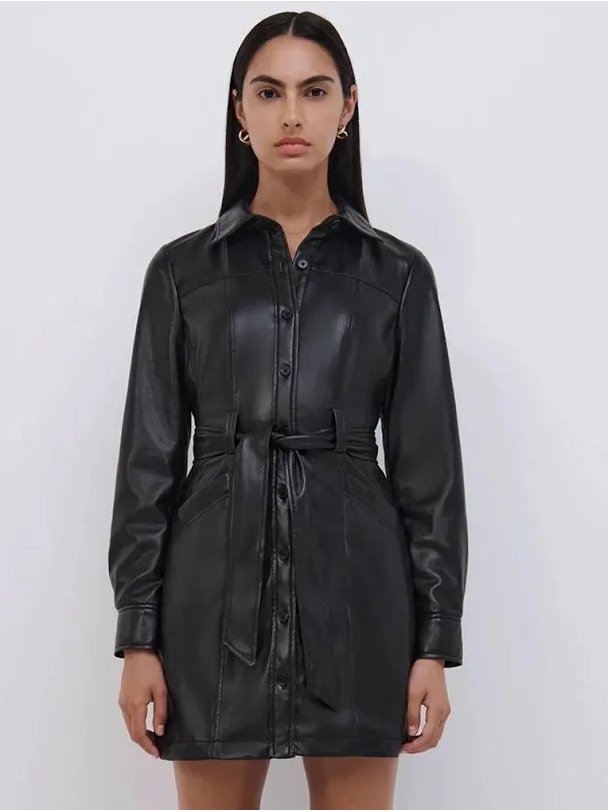 Jonathan Simkhai Black Faux Leather Button-Front Shirt Coat With Tie Waist